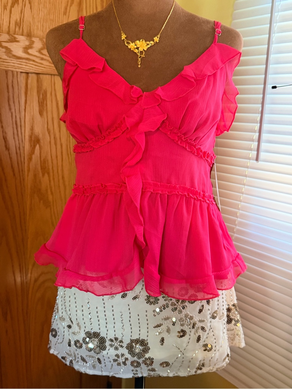 Ruffled Spaghetti-Strap Camisole in Hot Pink